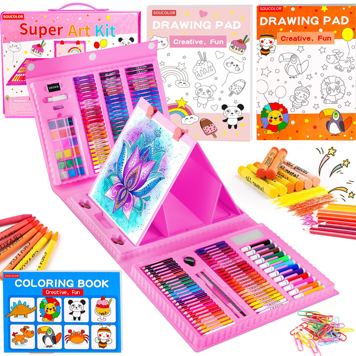 Soucolor Christmas Gifts for Kids Teens Girls Boys Ages 4, 6, 8, 10, 12, 283 Pieces Drawing Set Art Kits with Trifold Easel, 2 Drawing Pads, 1 Kids Activity Coloring Book, Crayons, Pastels, Watercolor