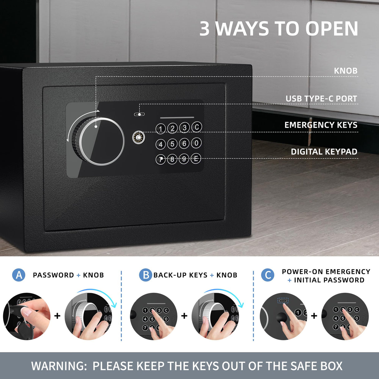 Digital Electronic Money Safe, Steel Security Lock Box with Keypad, Office Hotel Business Jewelry Gun Cash Safe, 0.23 Cubic Feet, 9.06" W x 6.69" D x 6.69" H(black)
