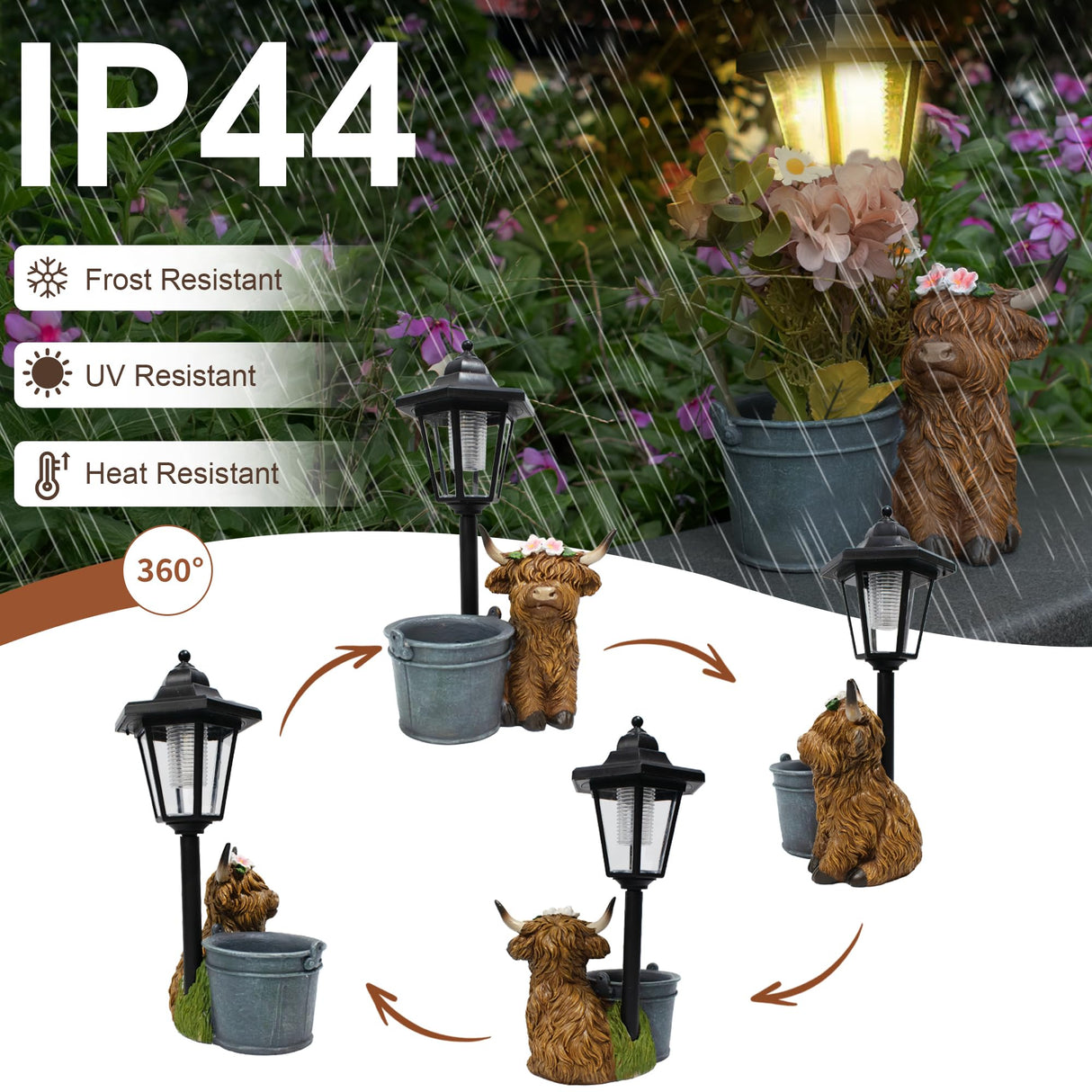 Muzzysse Highland Cow Statues Outdoor Solar Sculptures with Solar Lights and Flowerpot Funny Garden Decor Animal Figurines Resin Outdoor Statues for Patio Yard Lawn Balcony Grandma Mom Gifts