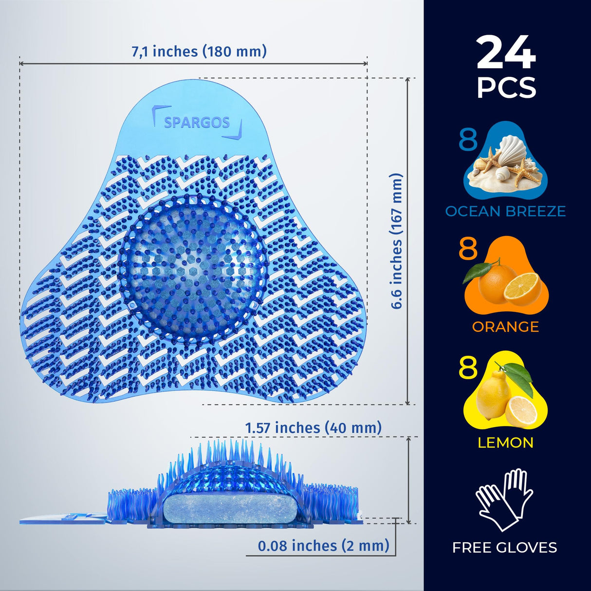 Urinal Screen Deodorizer 24 Pack - Urinal Cakes Fresh 3D Wave Anti-Splash Odor Protection Mats for Toilets in Bathroom Office Stadiums Schools - Includes Free Gloves, 8pcs Blue, Yellow, Orange