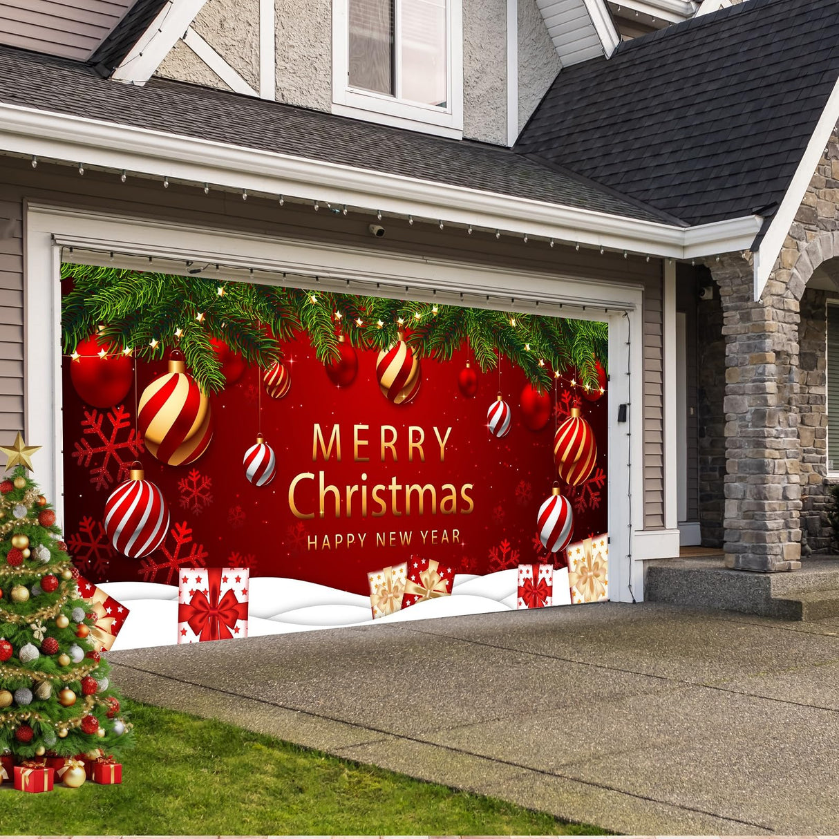 COSEVIER Christmas Garage Door Cover Banner, Red Festival Large Hanging Backdrop Door Banner, Merry Christmas Happy New Year Xmas Garage Wall Decorations for Holiday Party Décor, 7x16 FT