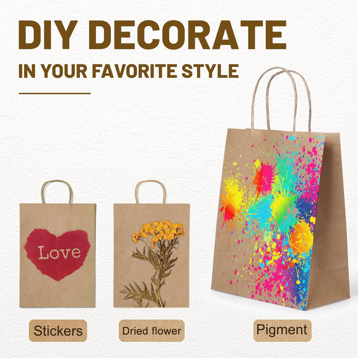 Gift Bags 8.25"X5.9 "X3.15" 100pcs Brown Kraft Paper Bag with Handles for Small Business Christmas Bulk, Wedding, Party Favor, Shopping, Lunch, Halloween Trick-or-Treat Bags