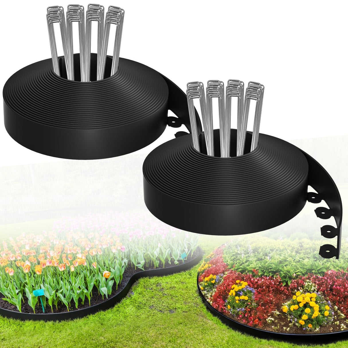 Bonviee 100FT Landscape Edging Kit, 1.5”No-Dig Garden Edging Border with 150 Stainless Steel Stakes, 2 x 50FT Flexible Lawn Edging for Flower Beds, Yard, Tree Rings & Landscaping