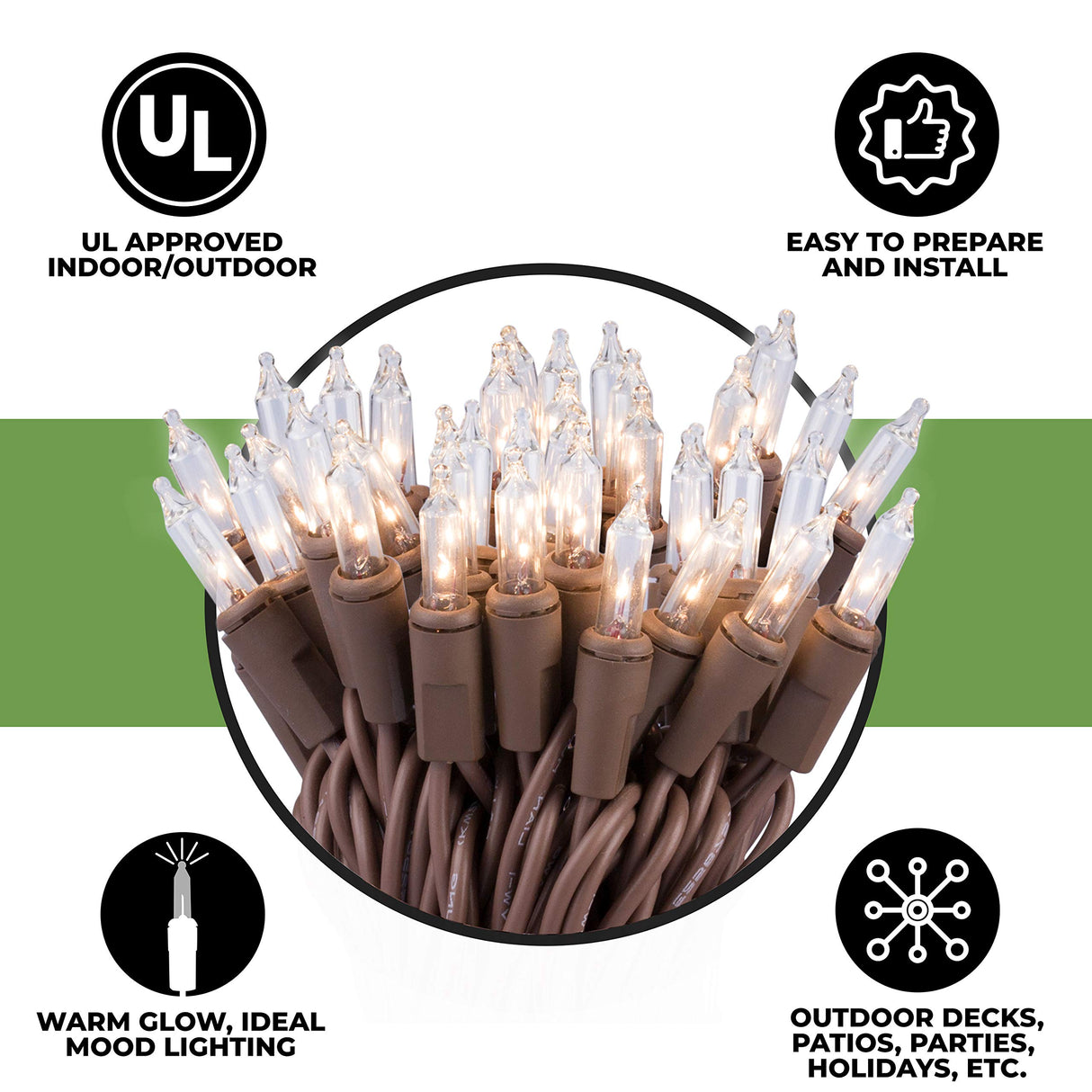 612 Vermont 100 Clear Mini Christmas String Lights on Brown Wire Cord, UL Approved for Indoor/Outdoor Use, 18 Foot of Lighted Length, 20 Foot of Total Length (Pack of 2)