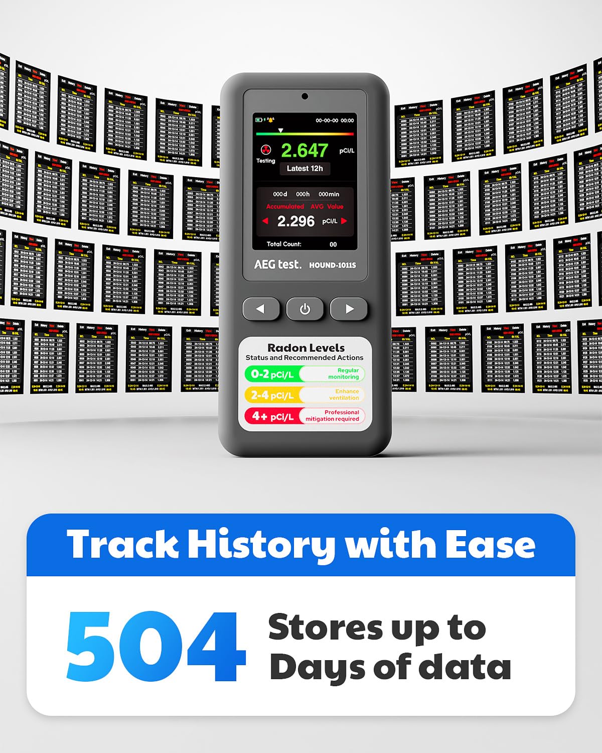 AEGTEST HOUND-1011S Portable Radon Detector, High-Accuracy Sensor for Home, Lightweight, Audible & Visual Alarms, Long-Term Monitoring, Easy-to-Use Radon Tester in pCi/L or Bq/m³ for Basement