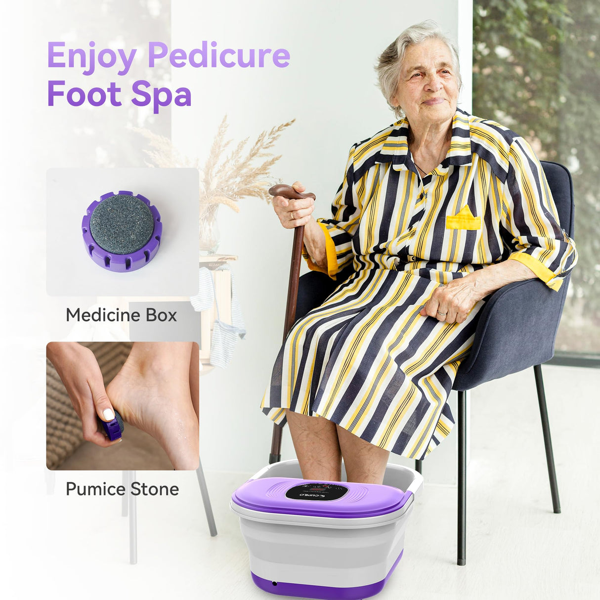 CuPiLo Foot Spa Bath Massager with Heat, Collapsible Foot Massager Spa Soaking Tub with Bubbles, Red Light, Pumice Stone, Shiatsu Massage Rollers, Pedicure Foot Spa for Relaxation, Gifts(Purple)