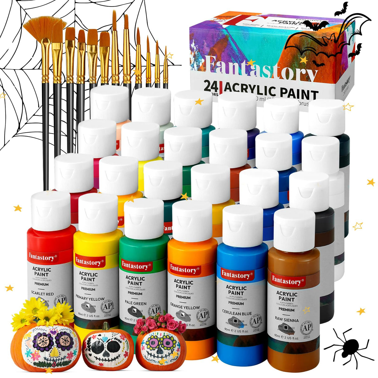 Fantastory Acrylic Paint Set, 24 x 60 ml with 12 Brushes; Christmas Acrylic Paint, Waterproof; For Artwork & DIY Projects on Canvas, Wood, Glass, Clay, Fabric, Ceramic, Paper, Canvas