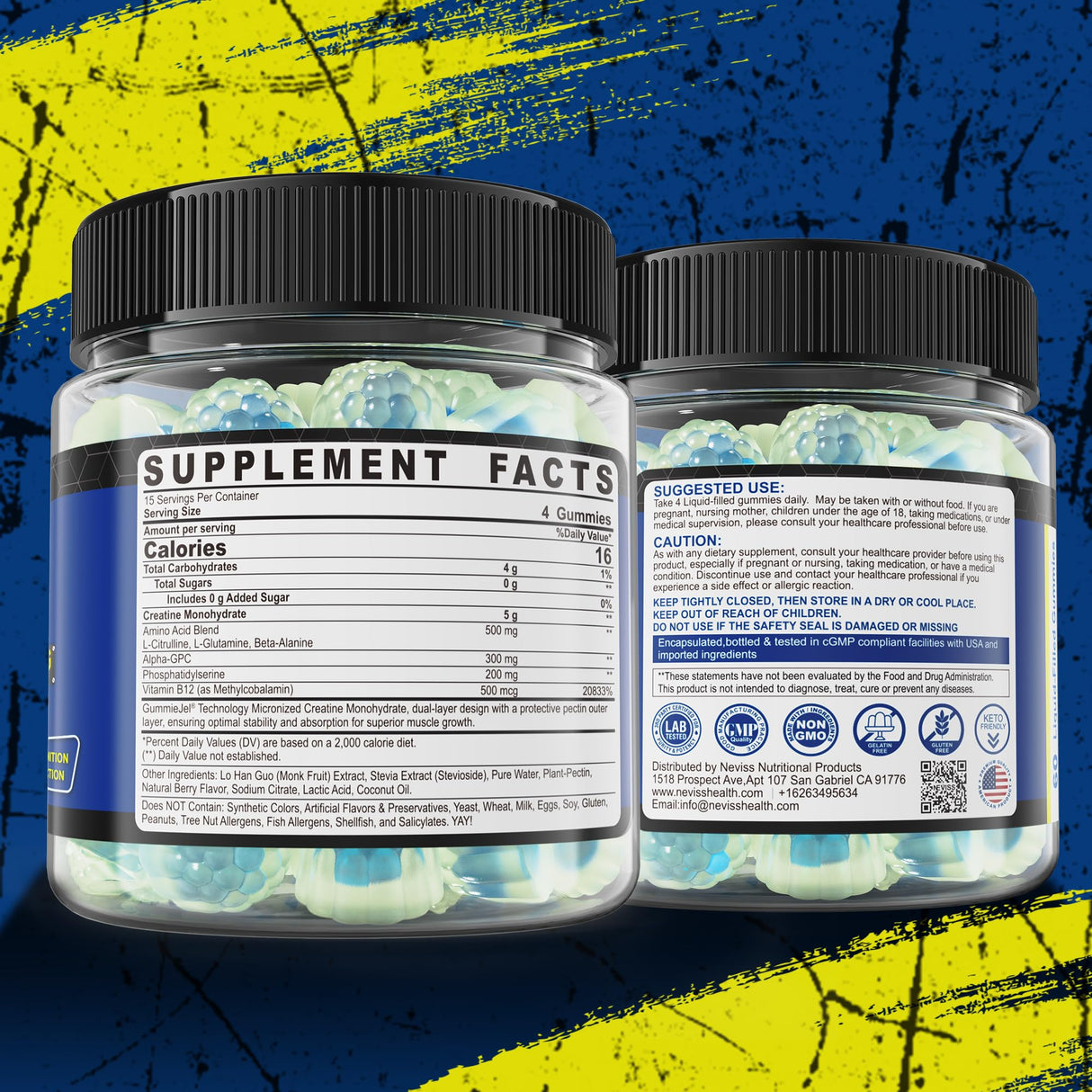 Micronized Creatine Monohydrate Gummies 5000MG for Women & Men, with Amino Acid Blend, Alpha-GPC, Phosphatidylserine & Vitamin B12 for Muscle Strength, Recovery, Energy, Focus, Sugar Free, 60cts