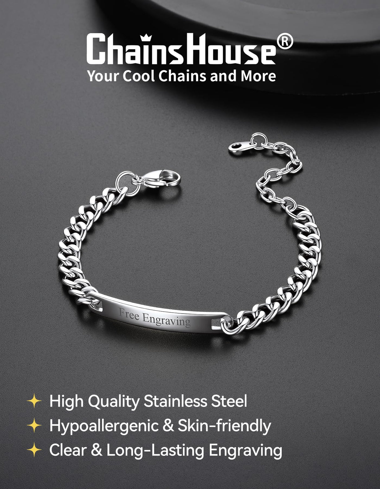 ChainsHouse Custom Name ID Bracelet Stainless Steel Cuban Chain Gift Women Personalized Engrave Bracelets for Men 7mm