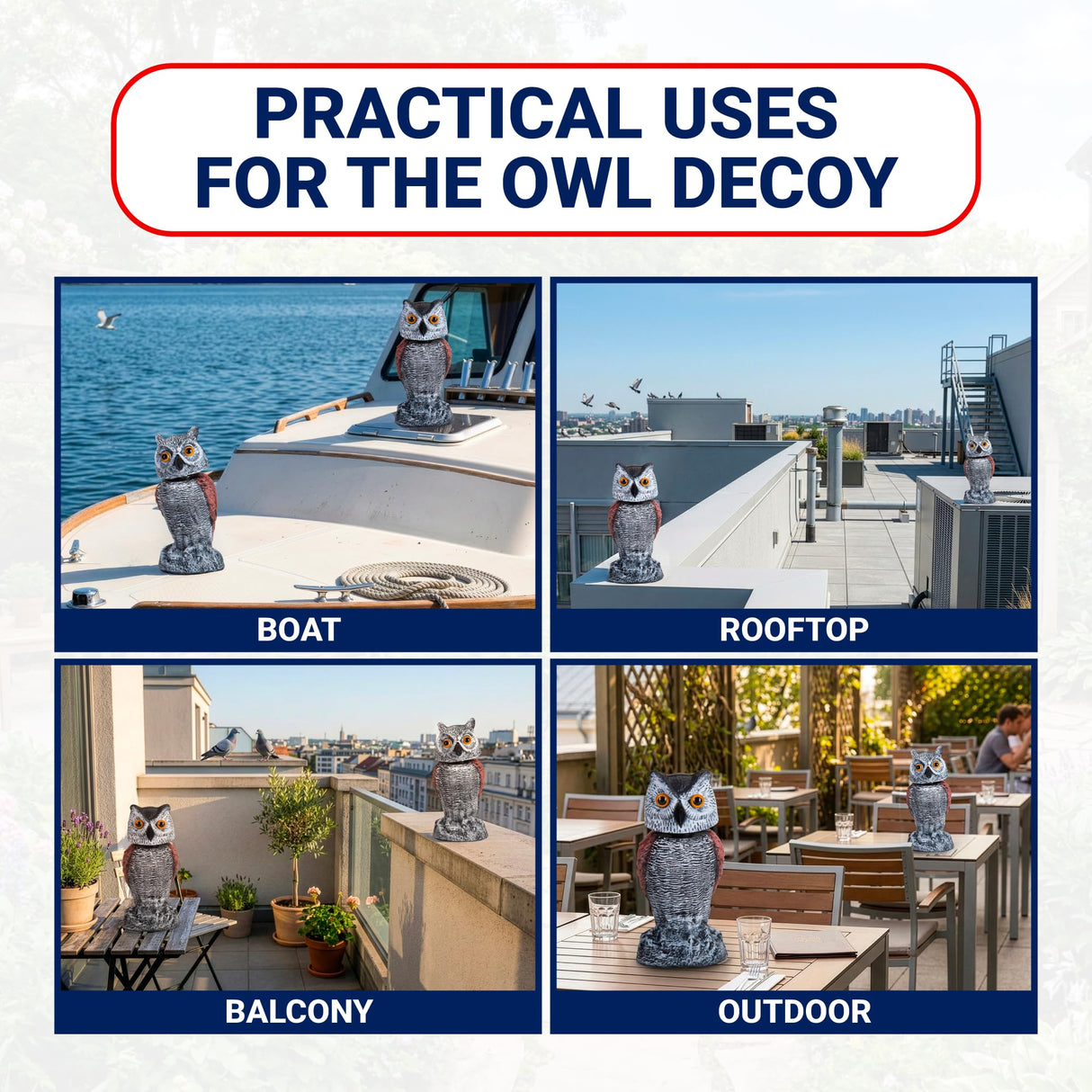 Arrigo Fake Owl Decoys to Scare Birds Away – 2pc Wind-Driven Rotating Head – Plastic Owl Statue Scarecrows – Realistic Deterrent for Critters & Squirrels - Garden, Patio, Boats, and Yard Decor