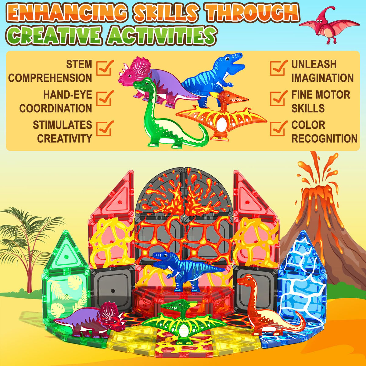 Magnetic Tiles Lava Dinosaur Toys Magnetic Blocks Building Set for Kids 3+