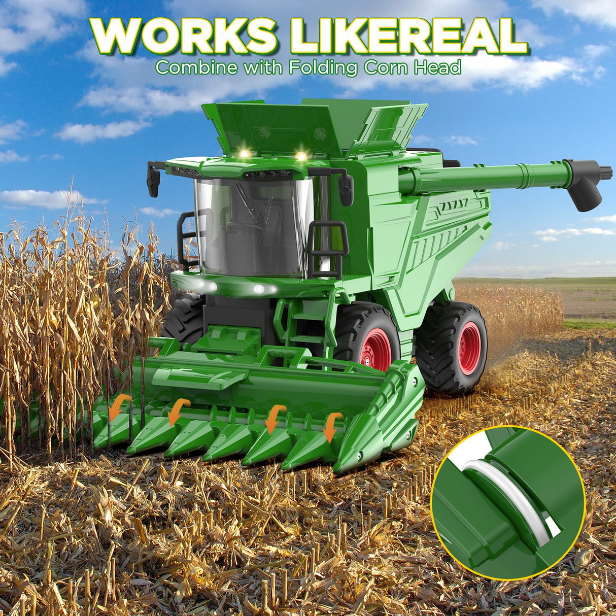 Remote Control Combine Harvester Tractor Toy with Corn Head, RC Tractor Toys for Kids 3+, Light/Spray/Sound/1/24 Scale, Farm Toy Combine Harvester for Kids, Christmas Birthday Gift 2025
