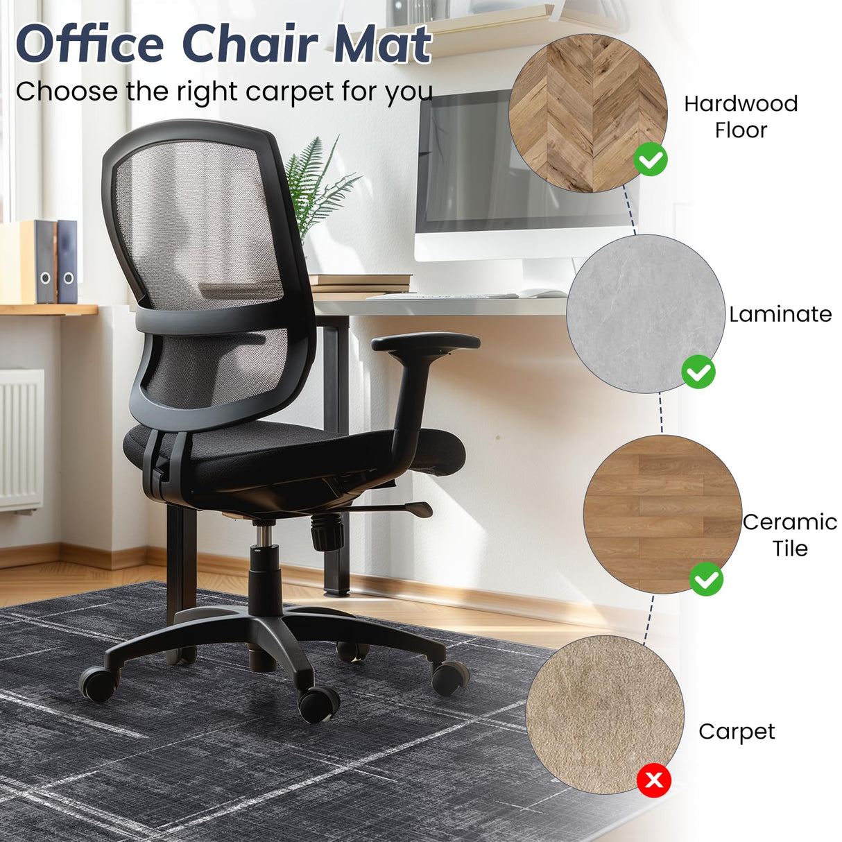 Office Chair Mat for Hardwood Floor&Tile Floor,48" X 60 Heavy Duty Desk Chair Mat for Hard Floors,Under Desk Rug for Rolling Computer Chair,Anti Slip,Low Pile Carpet Floor