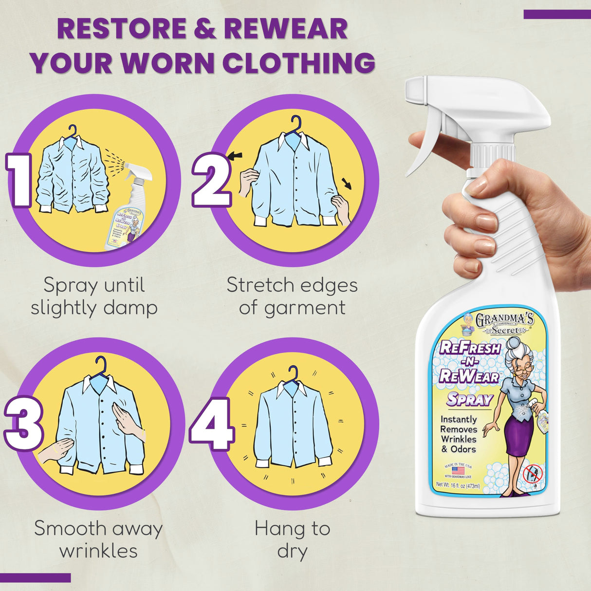 Grandma's Secret Refresh N ReWear Spray - Instantly Removes Wrinkles & Odors - Wrinkle Release, Fabric Refresher Spray, Chlorine, Bleach and Toxin-Free - 16 Ounce, 2 Pack