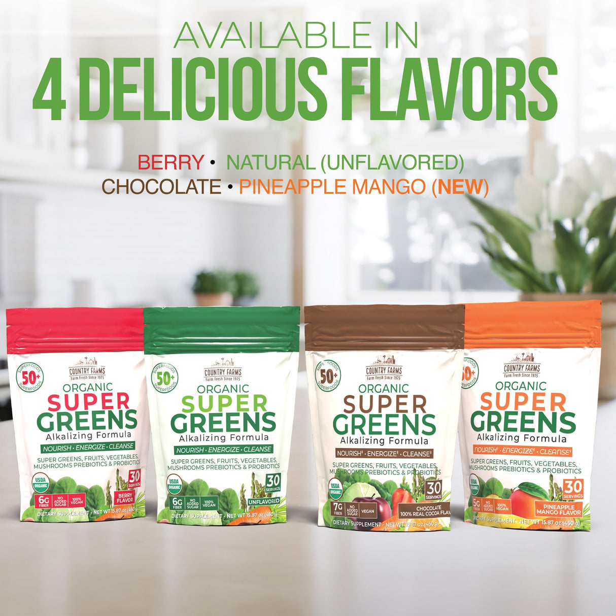 Country Farms Super Greens Berry Flavor, 50 Organic Super Foods, USDA Organic Drink Mix (Wheat Grass, Spirulina, Chlorella) Mushrooms & Probiotics, with Fiber, Gut Health, Natural Energy, 30 Servings