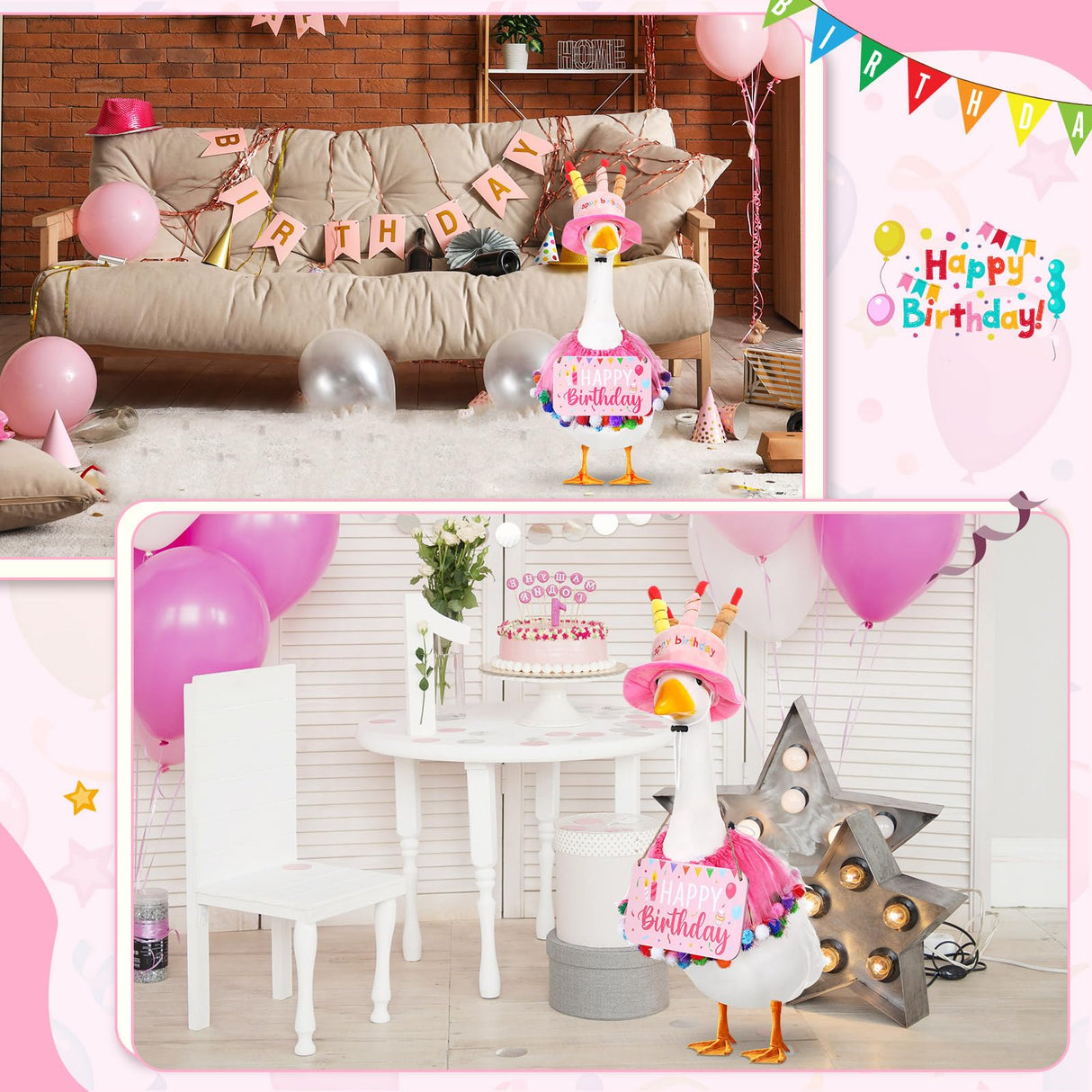 Memorywuu Happy Birthday Porch Goose Outfit Lawn Goose Cloth Costume for 23" Cement Plastic Patio Yard Statue Outdoor(Pink,Tutu Skirt)
