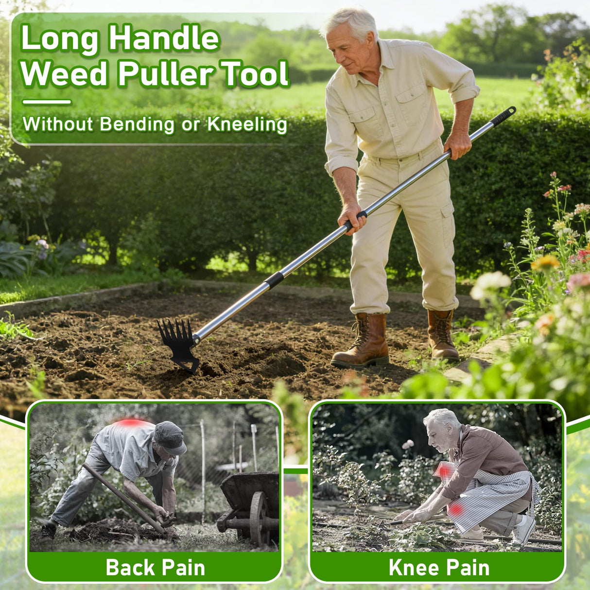 Upgraded Weed Puller Tool with Long Handle, 56" Manual Weeder Remover Tool, 2 in 1 Hand Weed Rake Garden Hoe for Gardening, Heavy Duty Uprooting Weeding Pull for Lawn, Yard, Patio Garden