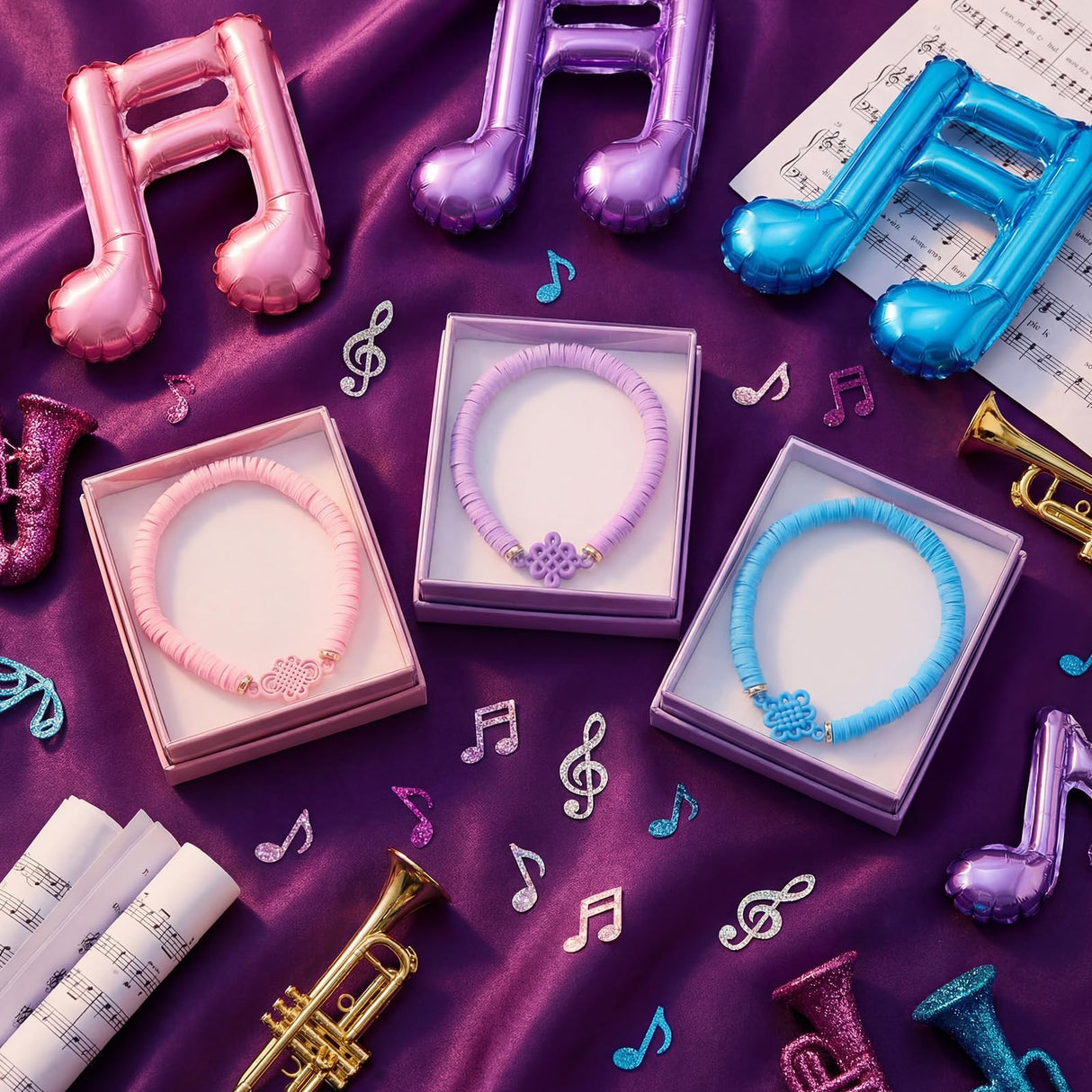 Tondiamo 24 Pcs Kpop Knot Bracelets Party Favors, Music Knot Polymer Clay Beaded Bracelets Bulk for Music Kpop Theme Birthday Disco Party Supplies Gifts Supplies