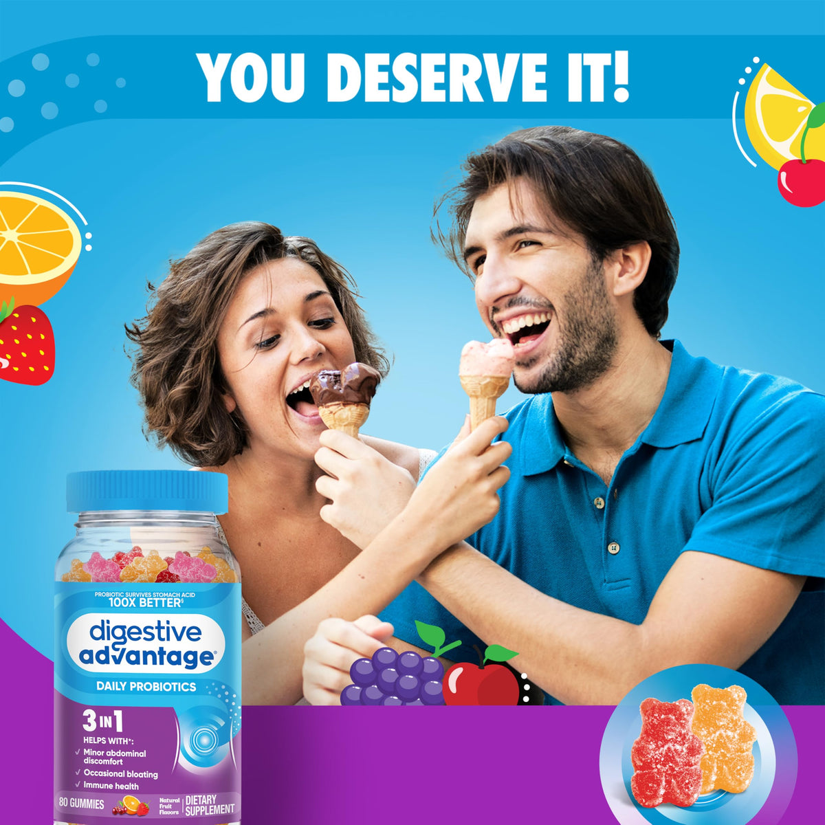 Digestive Advantage Daily Probiotic, Natural Fruit Flavor - 80ct Gummies