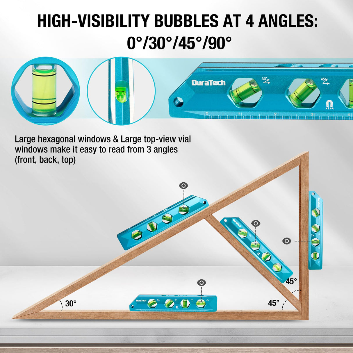DURATECH 8-Inch Level, Magnetic Torpedo Level with 0°/30°/45°/90° Bubbles, V-Groove, Large Viewing Window, Aluminum Alloy Body, Hanging Hole, SAE and Metric Scale for DIY Projects and Household Use