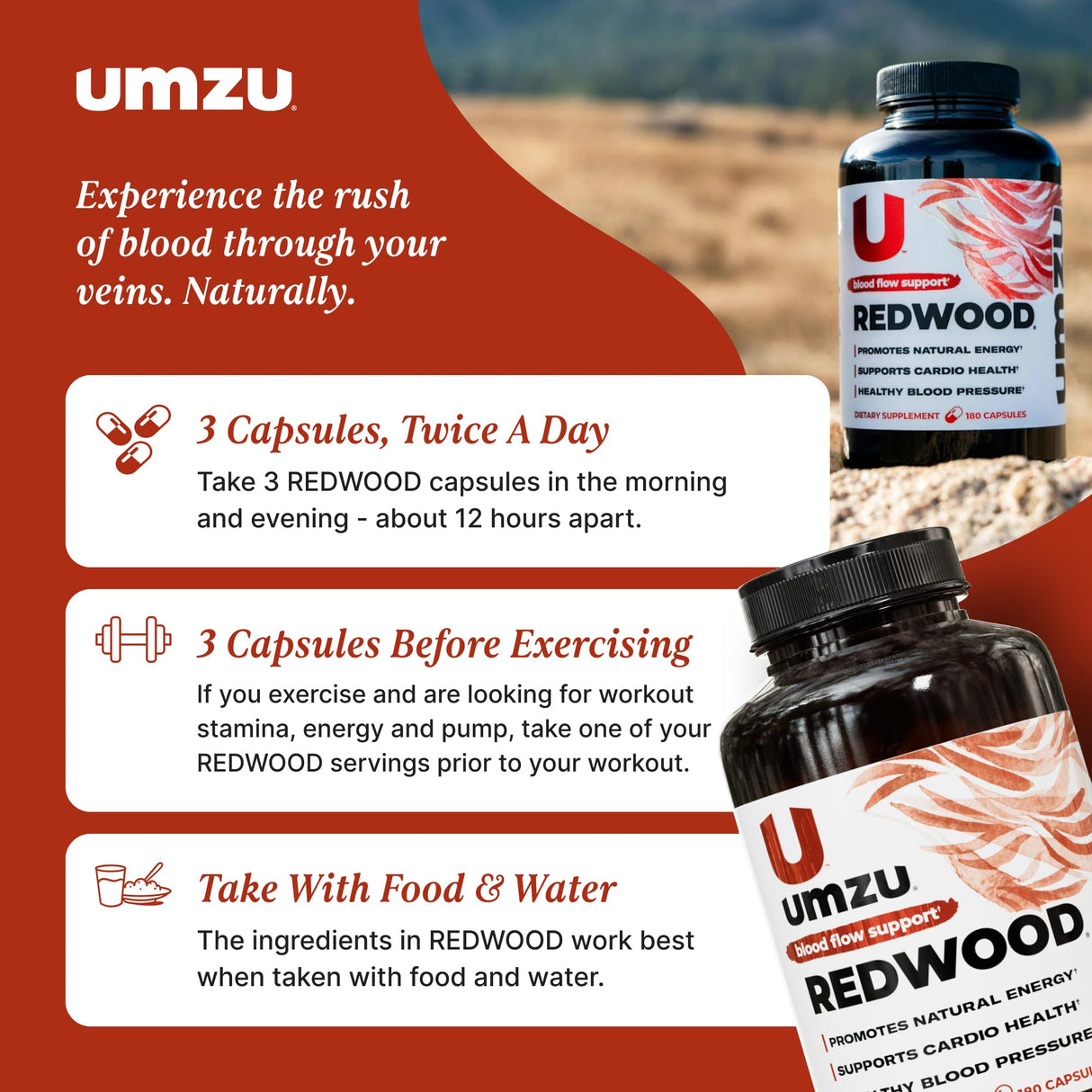 UMZU Redwood Blood Flow Nitric Oxide Supplement for Men & Women, Blood Pressure, Circulation, Stamina, Energy (30 Day Supply | 180 Capsules)