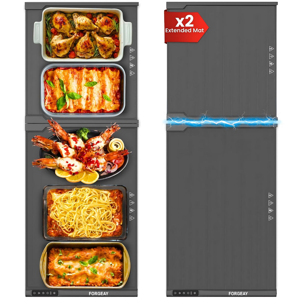 Forge AY XXL Food Warming Mat for Countertop 42"x16" - Electric Warming Trays for Buffets Party - Extra Large Fast Full-Surface Heating Mat - 2 Piece Extendable Roll-Up Warmers for Food Trays Buffet