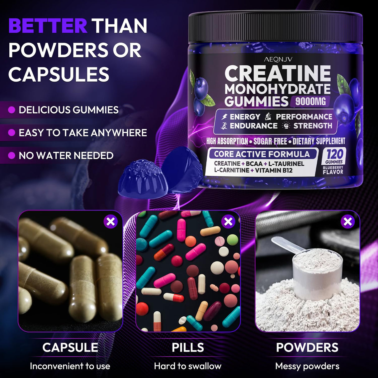 AEQNJV Creatine Gummies Monohydrate Complex for Men & Women, 9000MG Creatine Pre-Workout Supplement Enhance Muscle Strength Recovery Cognitive Health & Memory, 120 Gummies Sugar Free Vegan Non-GMO