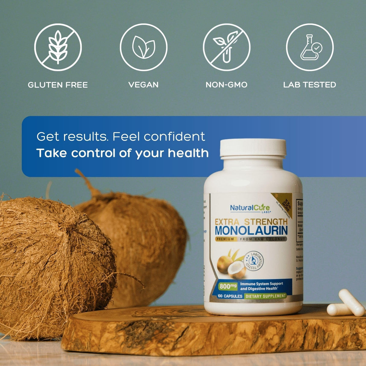 Natural Cure Labs Extra Strength Monolaurin 800mg, 100 Capsules, 33% More