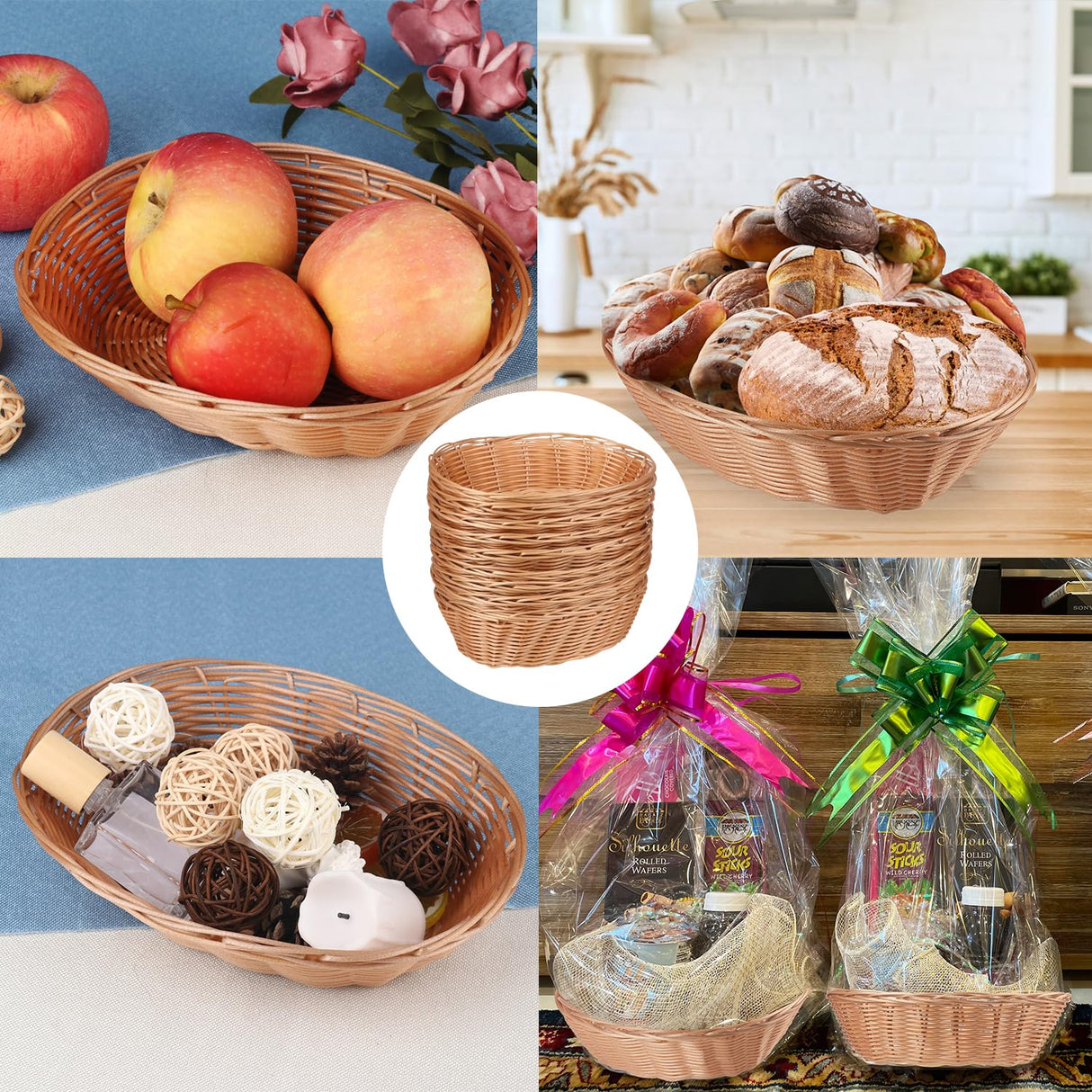 30 Pack Oval Poly Wicker Basket, 9 x 6 x 2.6 Inch Poly Wicker Bread Baskets, Medium Size Gift Baskets for Kitchen, Christmas Gifts, Centerpiece Display, Storing Bread, Fruits, Vegetables, by GNIEMCKIN