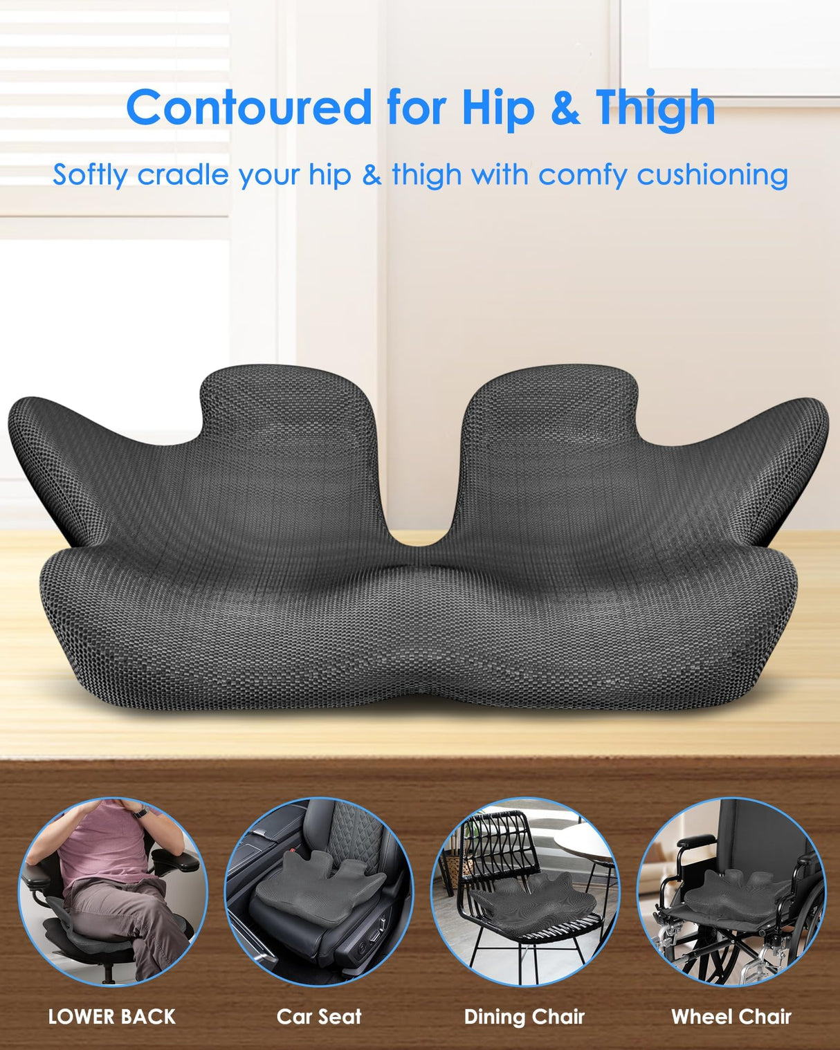KFM 16" Large Memory Foam Seat Cushion Thick for Long Sitting Pressure Tailbone Pain Relief Height Adjustable with Retaining Strap for Office, Gaming Chair, Car, Wheelchair (Grey)
