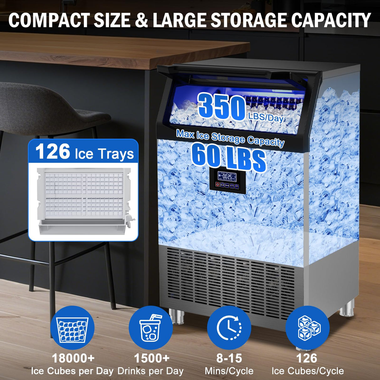 Commercial Ice Maker Machine 350 LBS/24H, 136 Ice Trays Freestanding & Undercounter Ice Machine Stainless Steel with 60 LBS Ice Storage Capacity, Ice Maker with Water Line and Filter, Dual Water Inlet
