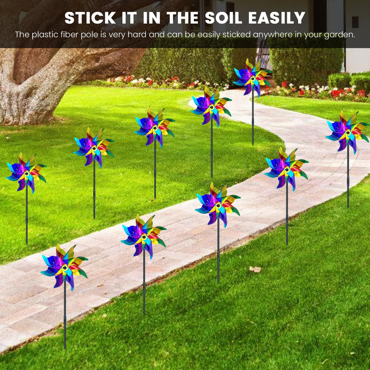 DECEED 10 PCS Reflective Pinwheels for Yard and Garden Bird Devices Pre-Installed Sparkly Wind Spinner Deterrent to Scare Birds Away from Yard Patio Farm (Multicolor-1)