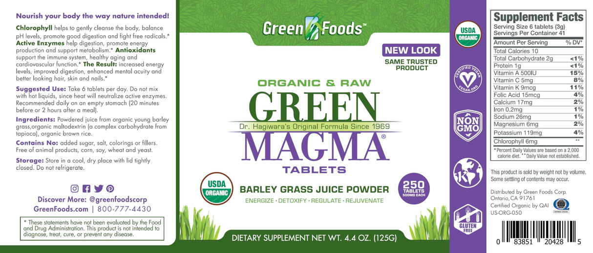 Green Foods Original Green Magma Barley Grass Nutritional Supplement, 250 Tablets (500mg Ea) Certified Organic