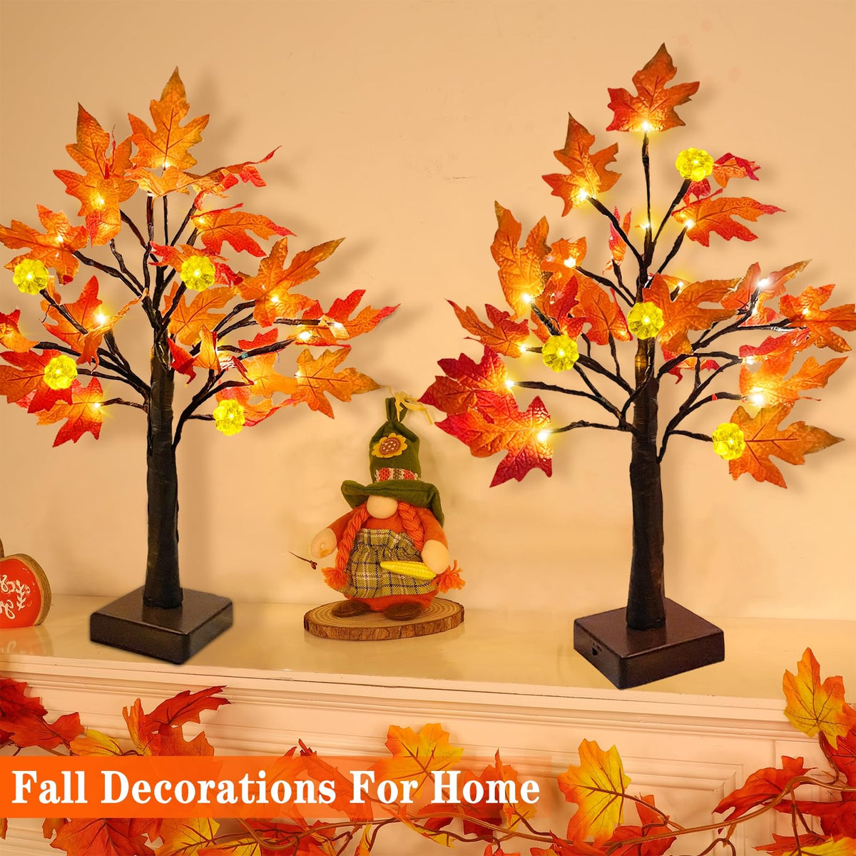 TURNMEON Fall Decor 2 Pack 24 Inch Prelit Fall Maple Tree 48 LEDs Timer