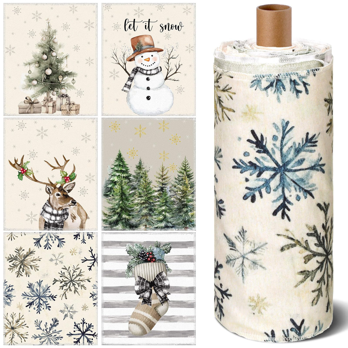 Mindsoft 36 Pcs Christmas Reusable Paper Towels Rolls Washable Bulk Winter Christmas Tree Reindeer Kitchen Dish Towels Paperless Reusable Cloth Cotton Napkins with Cardboard for Kitchen Home Bathroom