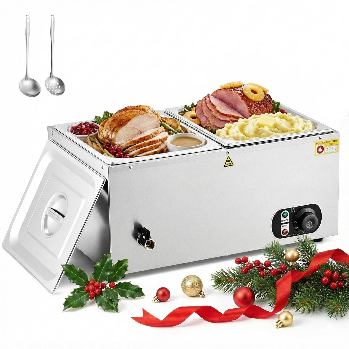 WILPREP Commercial Food Warmer with Two 1/2 Pans, 1500W Countertop Electric Steam Table, 86-185°F Adjustable Temp Control & Over-Temp Protection, Stainless Steel Buffet Bain Marie