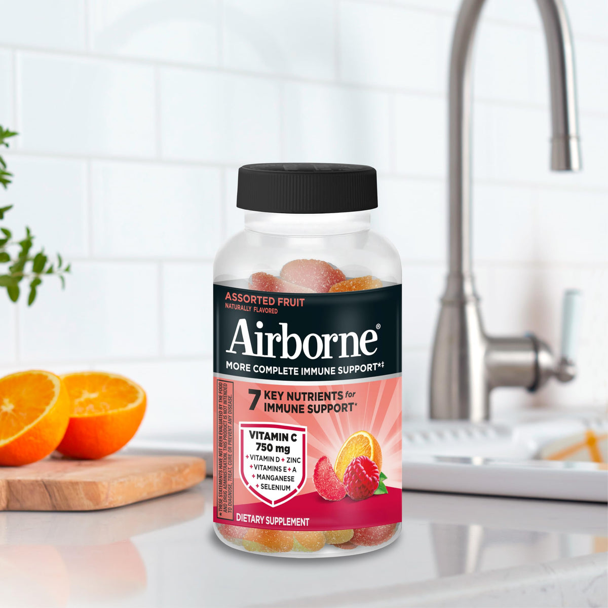 Airborne 750mg Vitamin C Gummies for Adults, Immune Support Supplement with Powerful Antioxidants Vitamins A C & E - 2x63ct Bottles (126 Gummies), Assorted Fruit Flavor