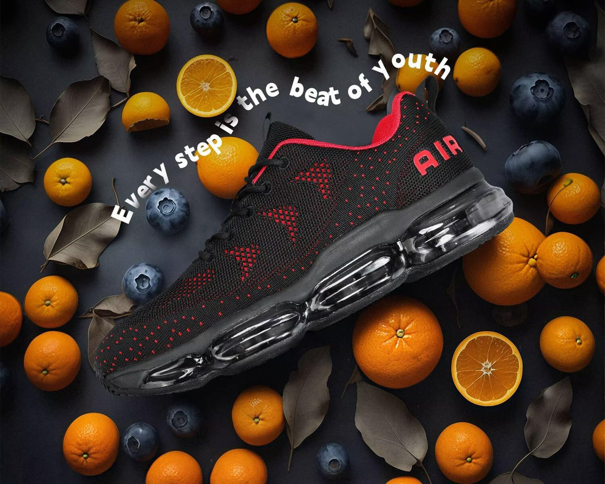 Men's Air Cushion Running Shoes Walking Jogging Fitness Gym Fashion Sneakers Lace Up Casual Comfortable Work Tennis Sport Athletic Trainers Black/Red
