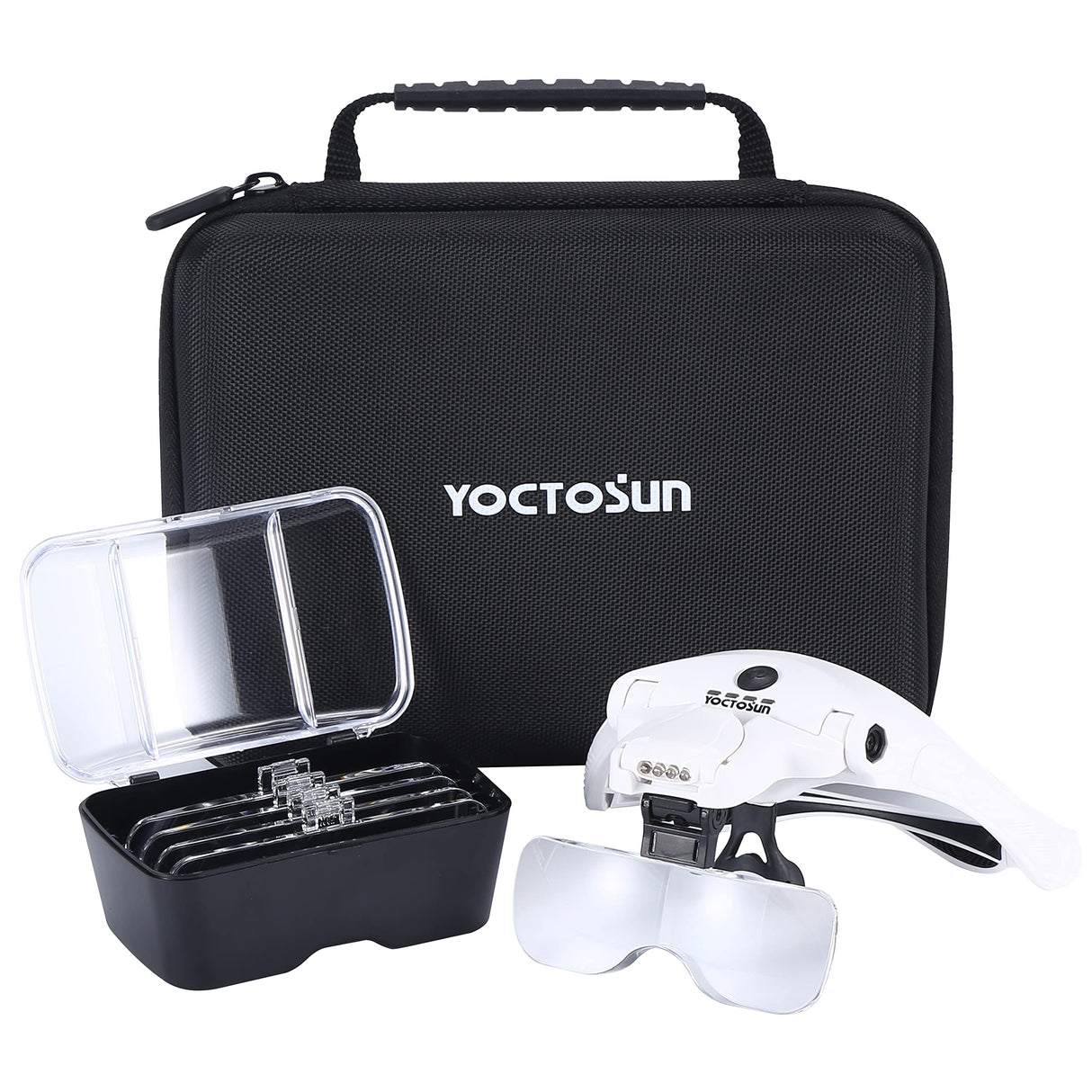 YOCTOSUN Magnifying Glasses with 4 LED Lights, Head Mount Magnifier with Storage Case,5 Lenses, Headband, Hands Free Lighted Head Magnifying Visor for Hobby Crafts & Close Work