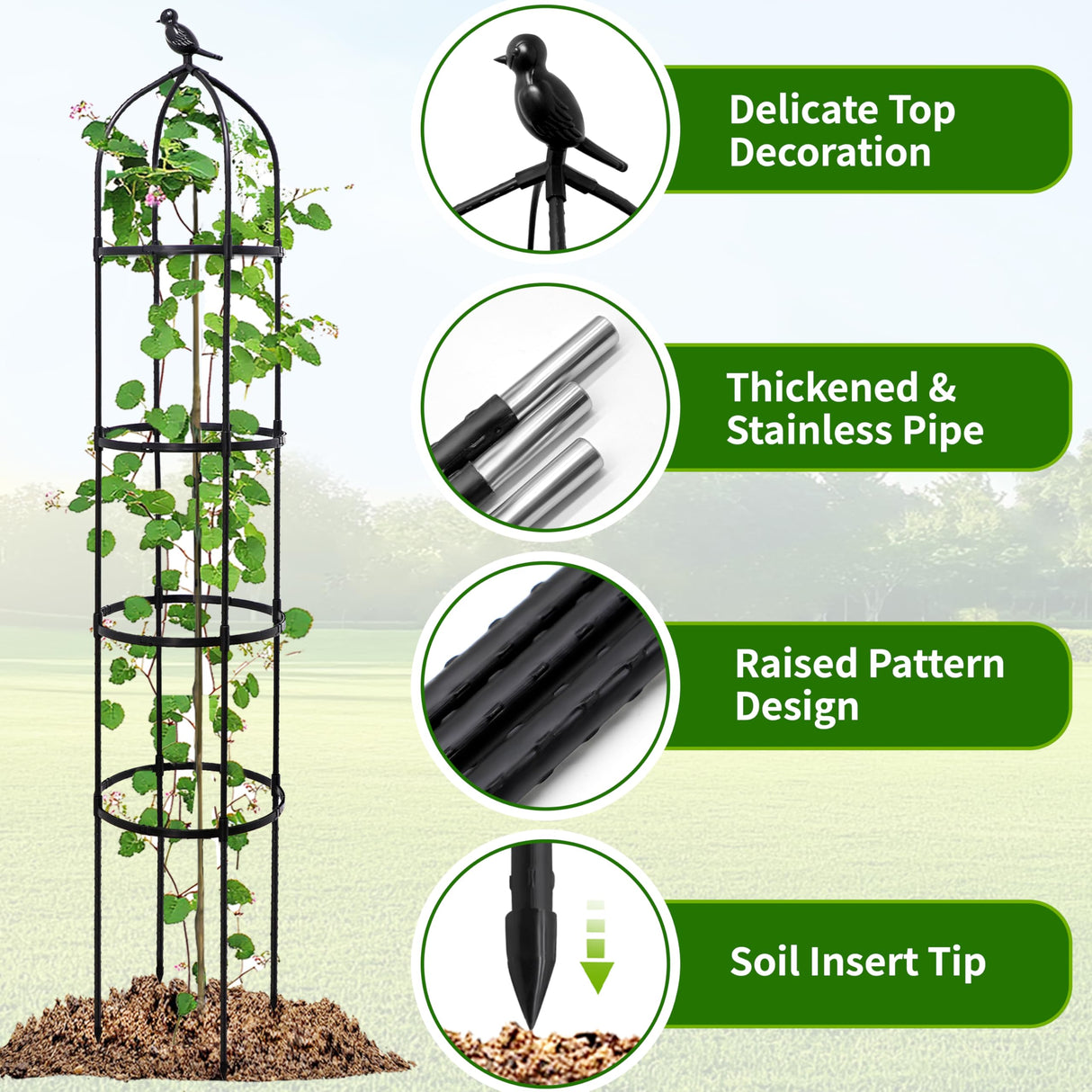 6FT Garden Obelisk Trellis for Climbing Plants,Adjustable 4-Tier Metal Plant Support,Rustproof Outdoor Plant Tower with 3 Decorative Tops for Roses,Tomatoes,Clematis & Vines,Black