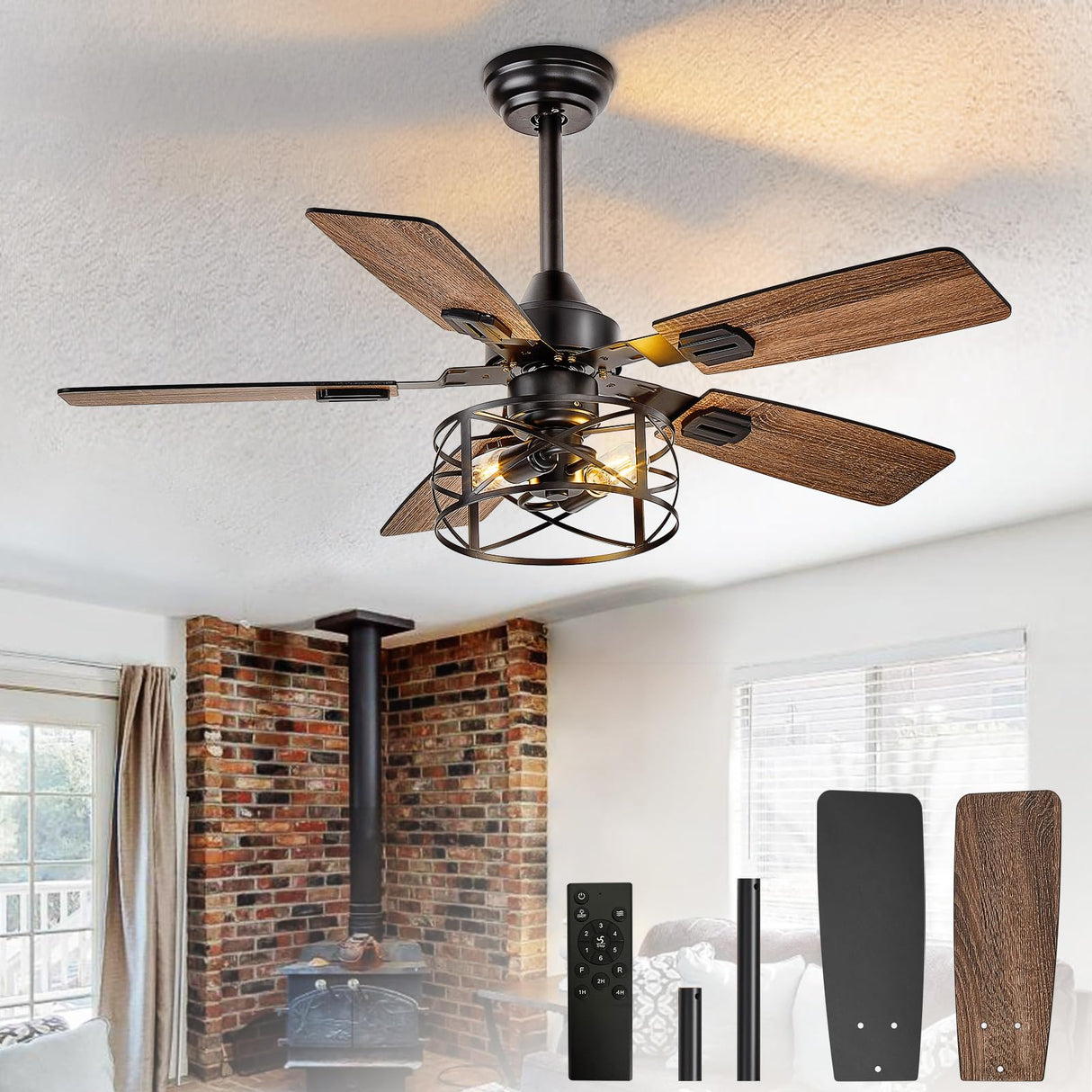 Depuley 42-Inch Ceiling Fans with Lights: Caged Ceiling Fans Dual Finish 5 Blades - Rustic Ceiling Fan with Remote Control for Farmhouse Living Room Outdoor Porch Noiseless (Black Walnut)