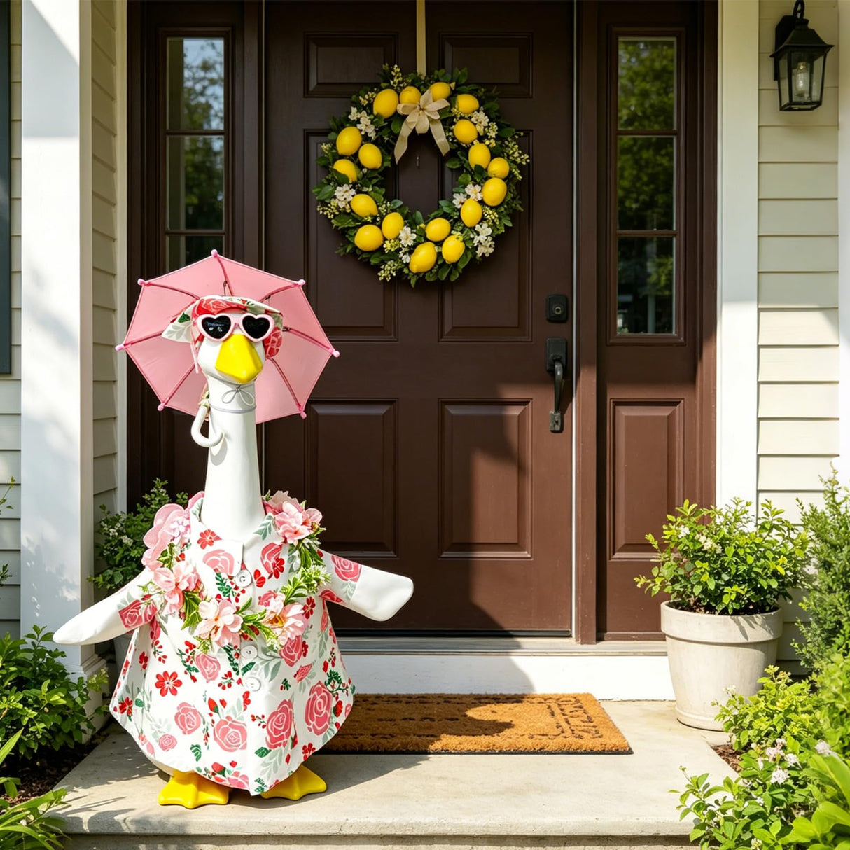 Summer 23" Pink Floral Porch Goose Set w/ Hat, Umbrella & Heart Sunglasses