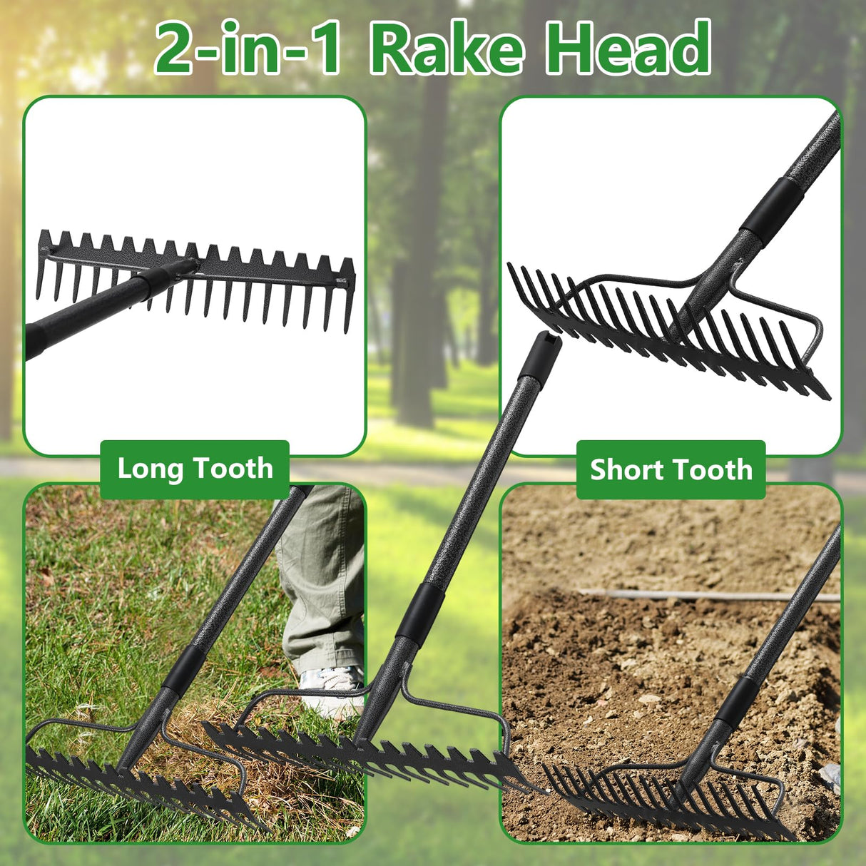 TAILERNRUYE 77 inch Bow Rake, 2-in-1 Metal Garden Lawn Rake for Weeding Digger Loosening Soil Raking Leaf Leveling Rocks Spreading Mulch Gravel 17 Tines Adjustable Garden RakeBow Rake