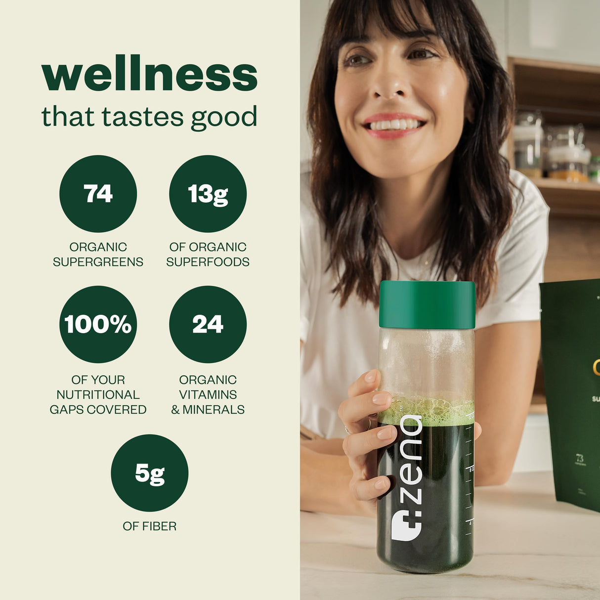 Zena Complete Organic Super Greens Powder & Multivitamin, 90+ Supergreens, Fruits, Veggies, 0 Sugar, 5G Fiber, Pre & Probiotics, Watermelon Citrus Flavor, 30 Packets