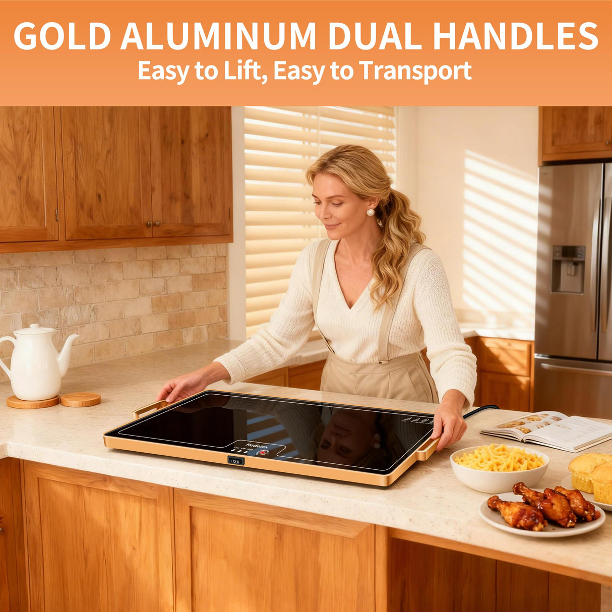 Food Warming Mat (XL 24"x16"), Food Warmers for Parties Buffet and Daily Use, Full Surface Warm Evenly Electric Warming Tray with Button Temperature Control, Gold Handles Warming Mat for Food, Black
