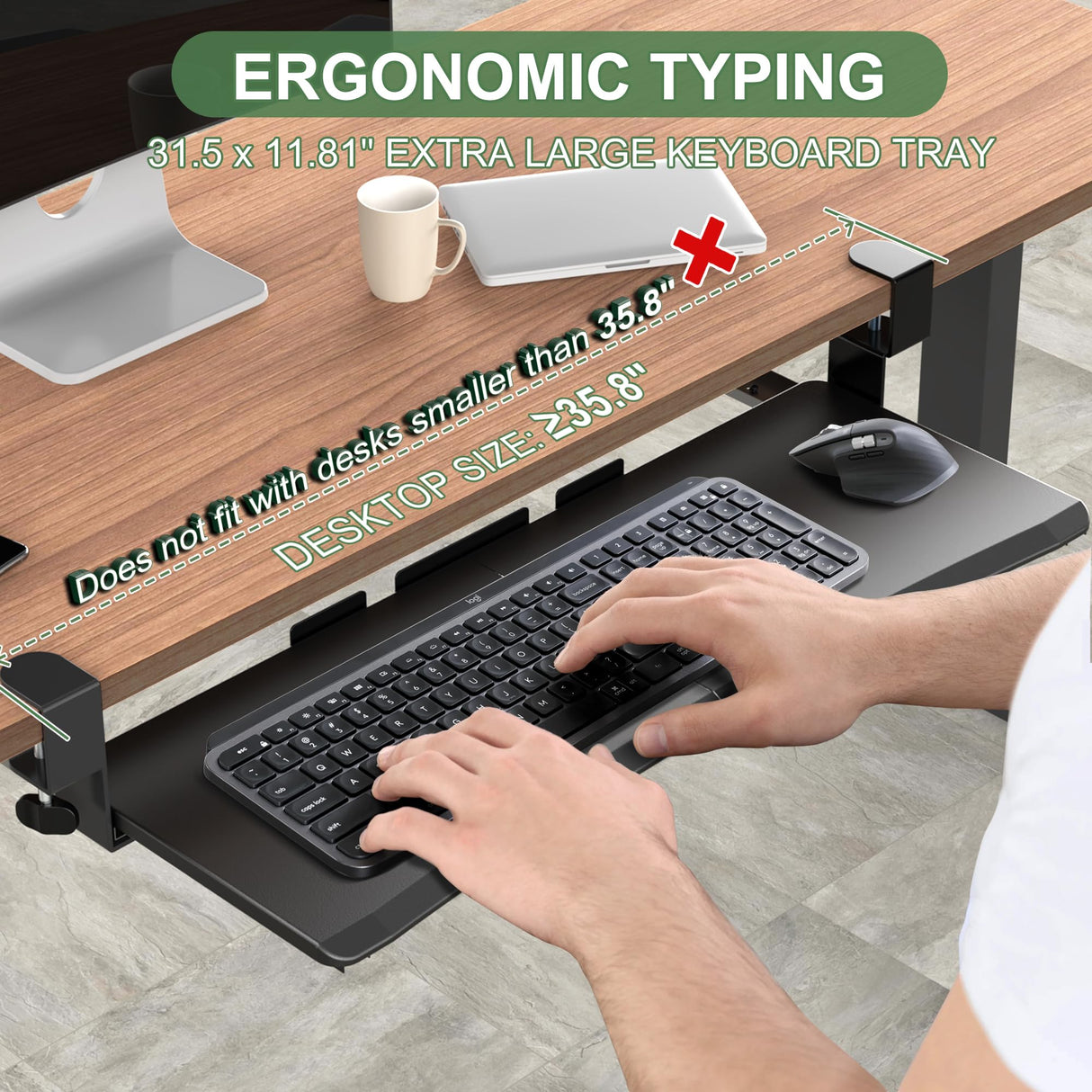 UPGRAVITY Extra Large Keyboard Tray Under Desk - Slide Out with Sturdy C-Clip Mount System, 31.5" (35.8" Including Clamps) x 11.8" Put-Out Keyboard Tray Computer Drawer for Ergonomic Typing, Black