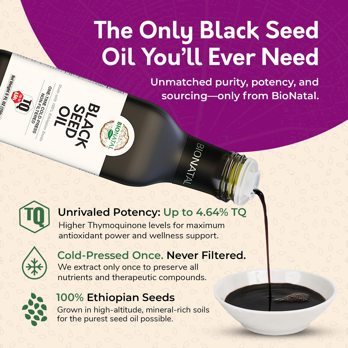 BioNatal Ethiopian Black Seed Oil 5oz Glass– Cold Pressed Nigella Sativa Producing Black Cumin Seed Oil, Unrefined & Non-Filtered, High TQ Up to 4.64% – Supports Immune System, Digestion & Joints