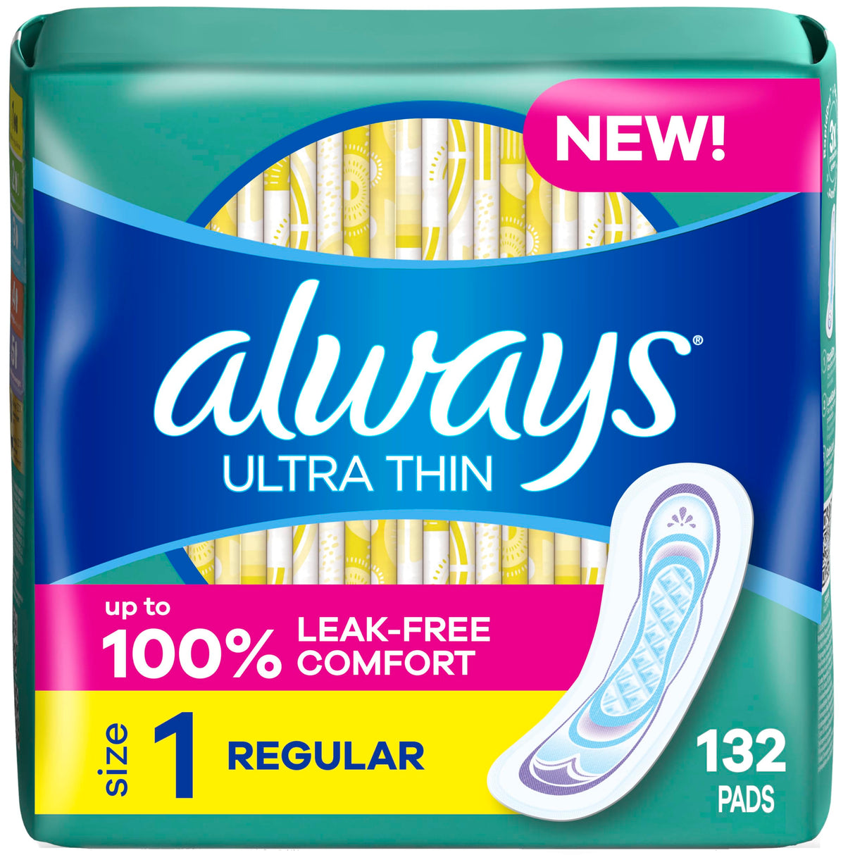 Always Ultra Thin Pads for Women, Size 1 Regular Absorbency Without Wings Unscented, 44 Count x 3 Packs (132 Count total)