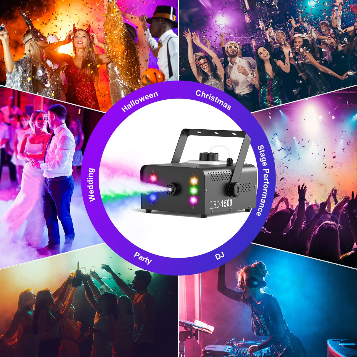 Fog Machine with 6 RGB LED Lights, 1500W Smoke Machine for Stage Party Halloween Christmas DJ Performance Wedding