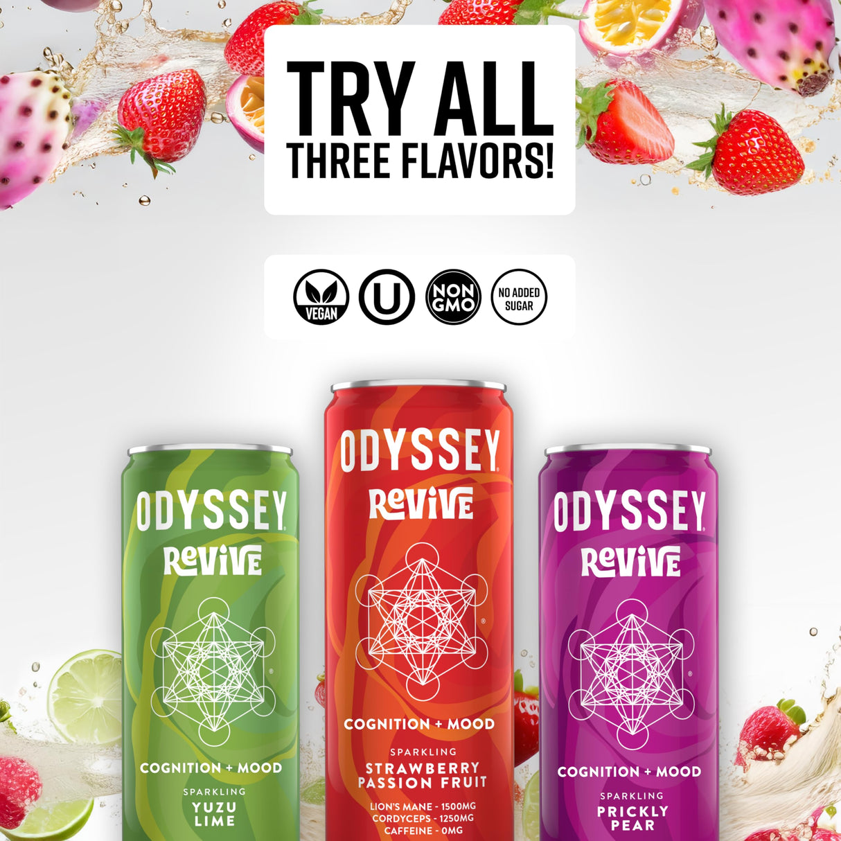 Odyssey Revive Sparkling Hydration Drink w/L Theanine, Lions Mane, Cordyceps and Electrolytes, Caffeine Free Natural Energy Drinks, Vegan, Non-GMO, Yuzu Lime Flavor, 12 Fl oz, 12 Pack